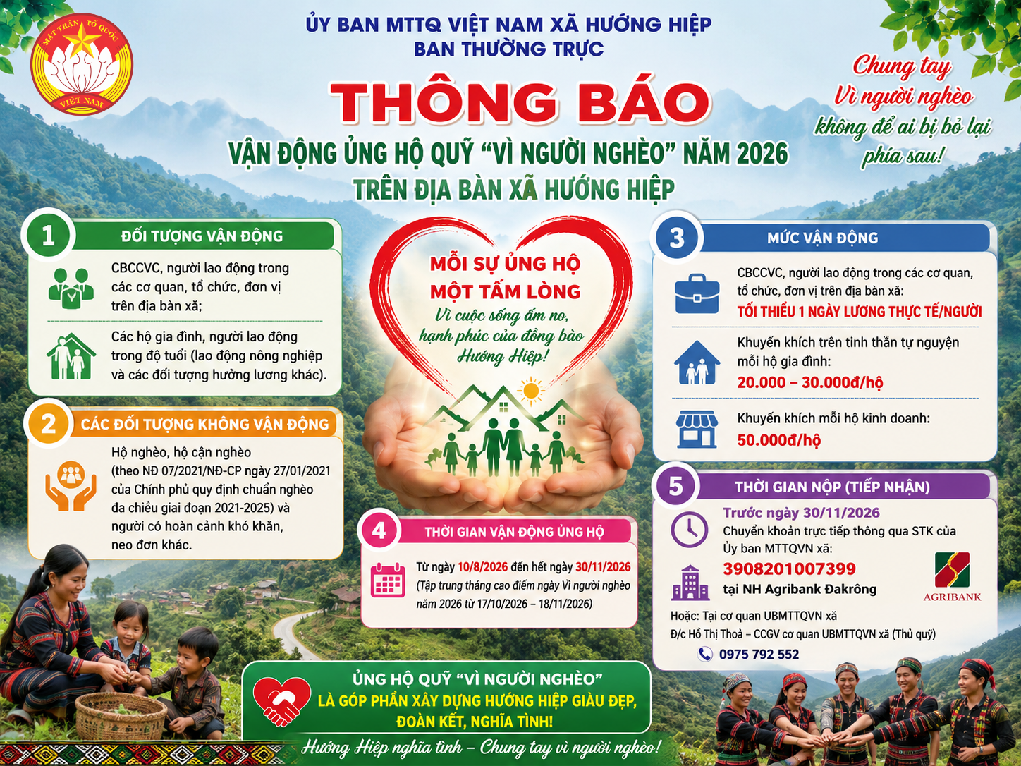 THÔNG BÁO: V/v vận động ủng hộ Quỹ “ Vì người nghèo” năm 2026 trên địa bàn xã Hướng Hiệp