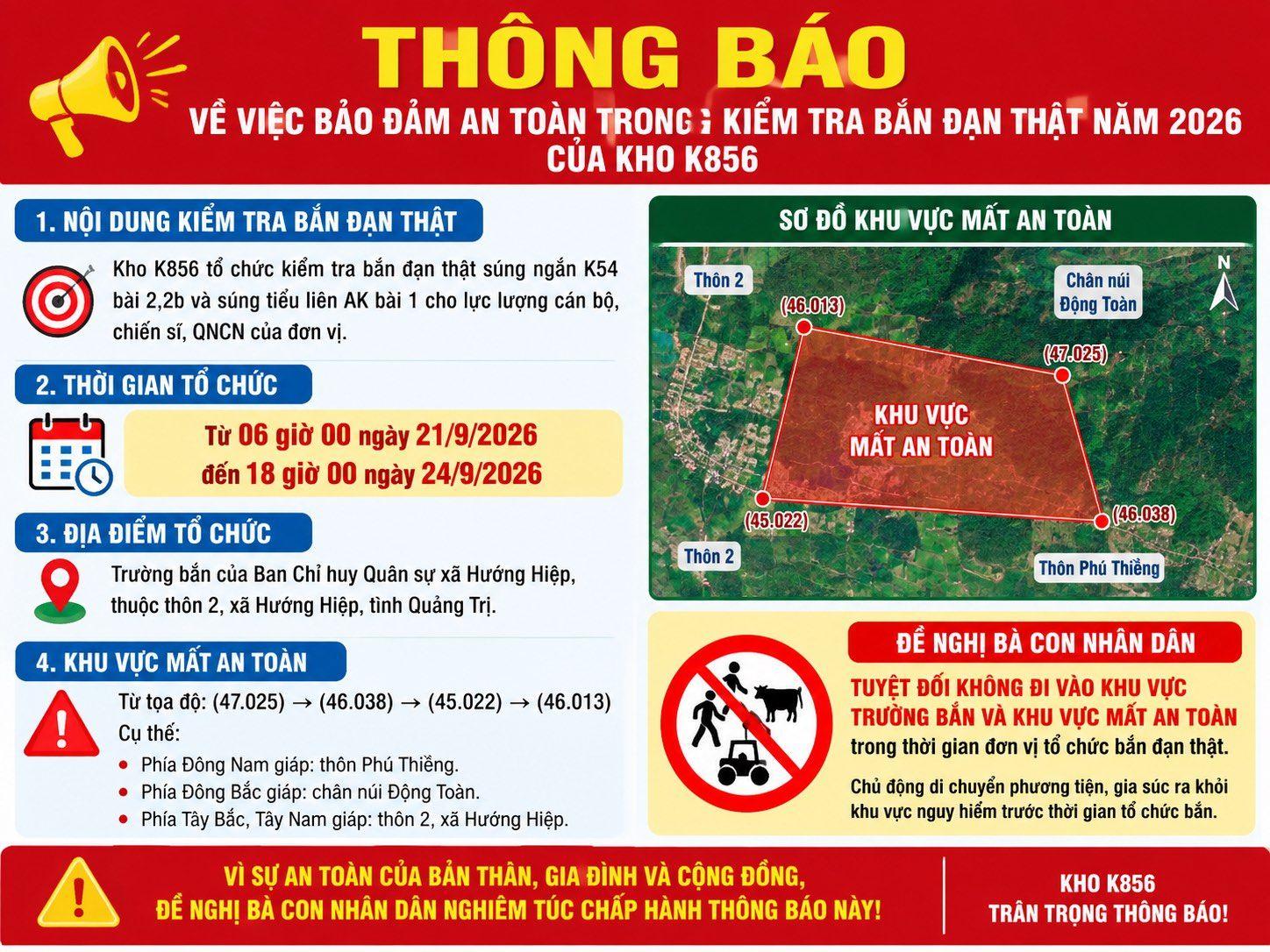 Thông Báo: Về việc bảo đảm an toàn trong kiểm tra bắn đạn thật năm 2026 của Kho K856